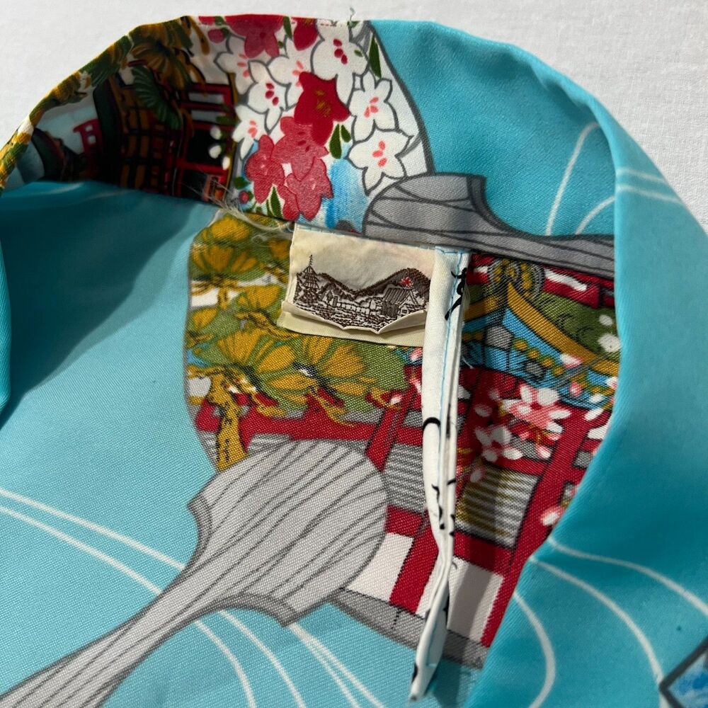 Vintage Japanese Style Kimono Robe Turquoise Fan Garden Print Belted One Size - Picture 12 of 12